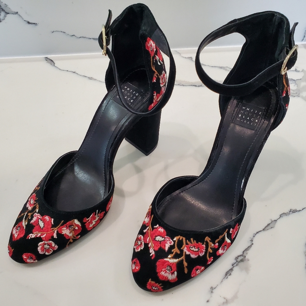 White House Black Market Embroidered Chunky Heels